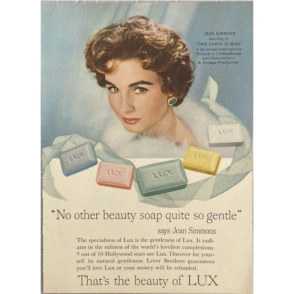 LUX Bar Soap Jean Simmons "No Other Beauty Soap Quite So Gentle" Print Ad 1959